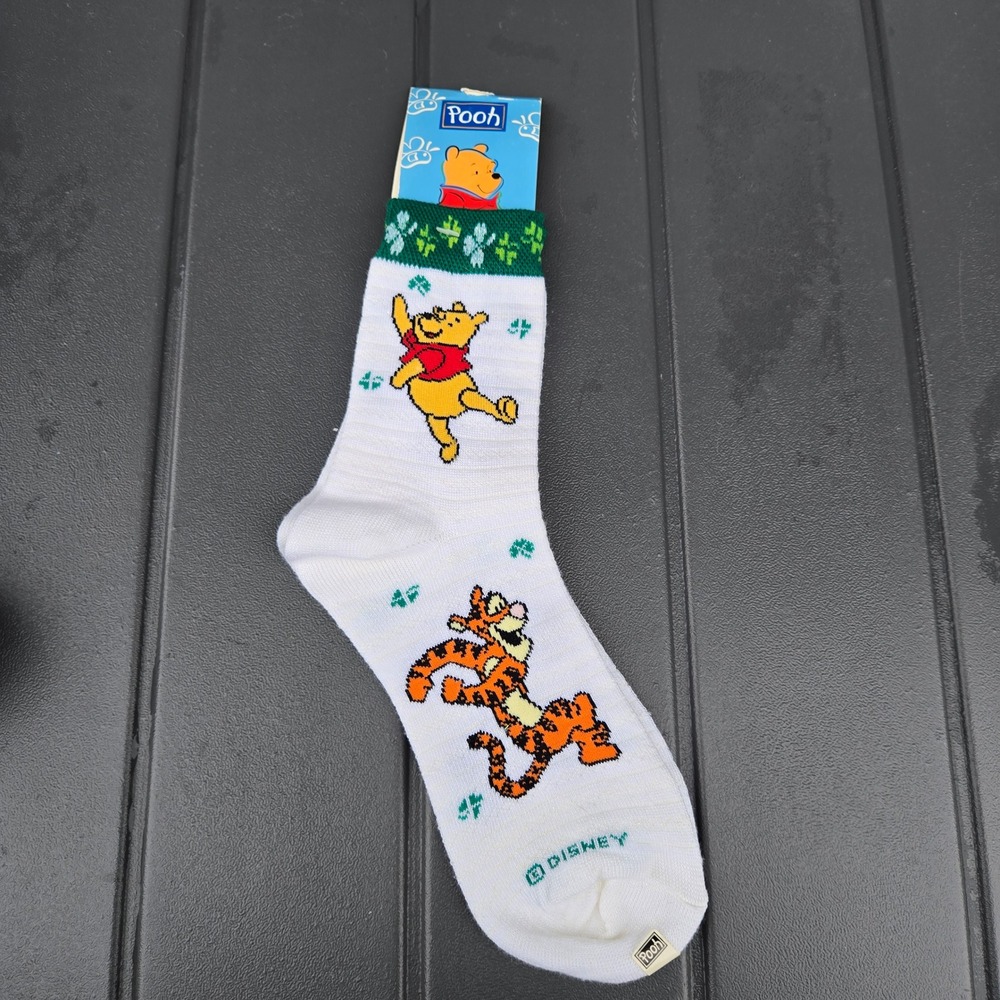 Vintage Disney Winnie the Pooh Tigger Socks White Green Size 9-11 NWT